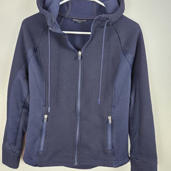 SWISS TECH Women's Size SMALL Navy Blue Ribbed Accent Zip Pocket Hooded Jacket - Picture 1 of 7